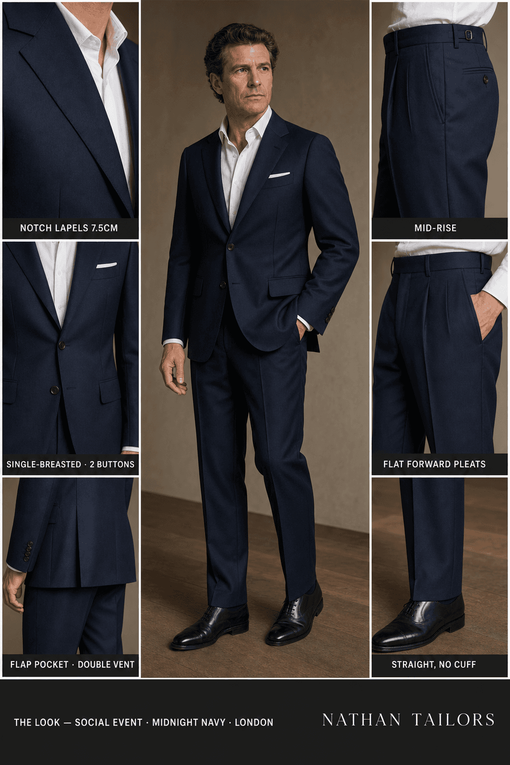 midnight navy single-breasted notch-lapel online custom suit — designed online at RemoteSuit. Made-to-measure online custom suit available from $129.