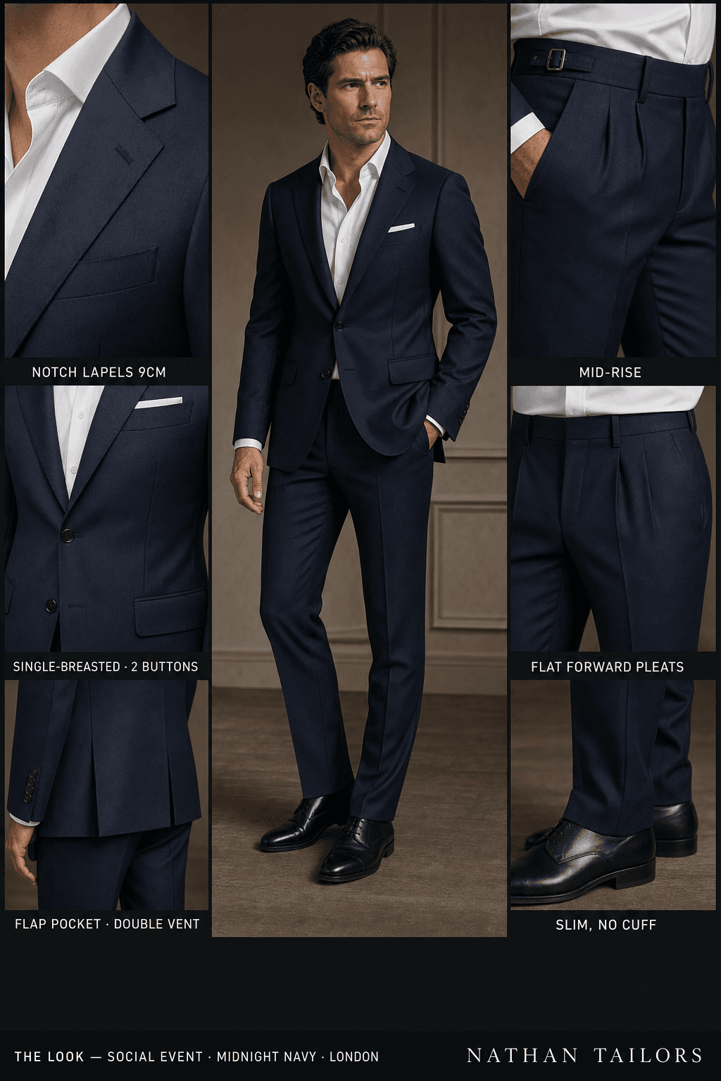 midnight navy single-breasted notch-lapel online custom suit — designed online at RemoteSuit. Made-to-measure online custom suit available from $129.