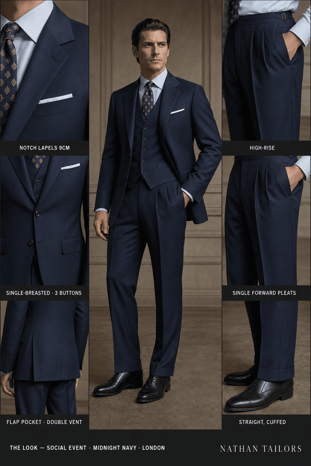 midnight navy single-breasted notch-lapel online custom suit — designed online at RemoteSuit. Made-to-measure online custom suit available from $129.