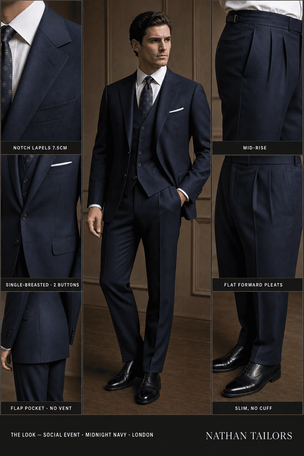 midnight navy single-breasted notch-lapel online custom suit — designed online at RemoteSuit. Made-to-measure online custom suit available from $129.