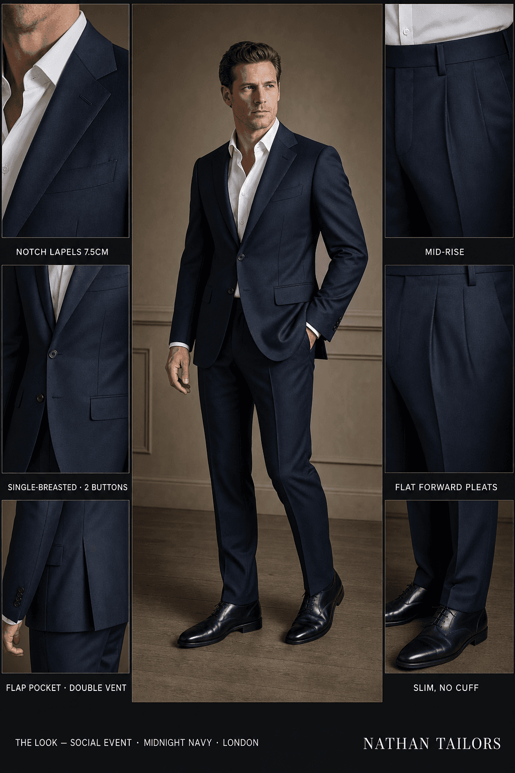 midnight navy single-breasted notch-lapel online custom suit — designed online at RemoteSuit. Made-to-measure online custom suit available from $149.