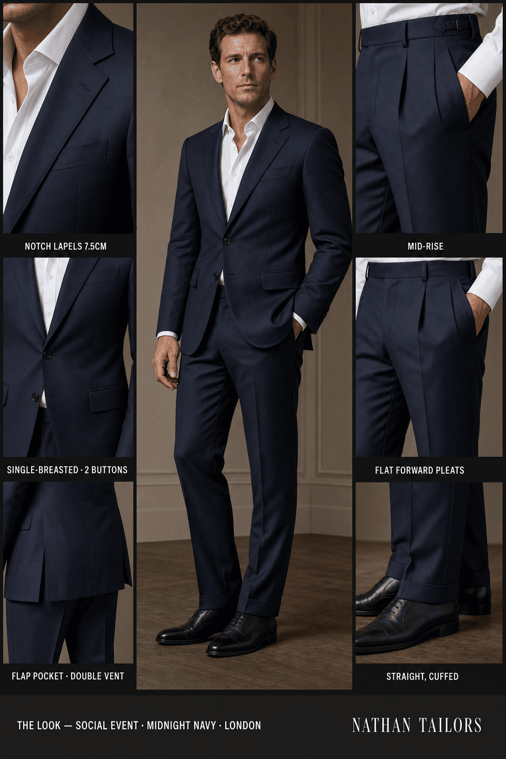 midnight navy single-breasted notch-lapel online custom suit — designed online at RemoteSuit. Made-to-measure online custom suit available from $129.