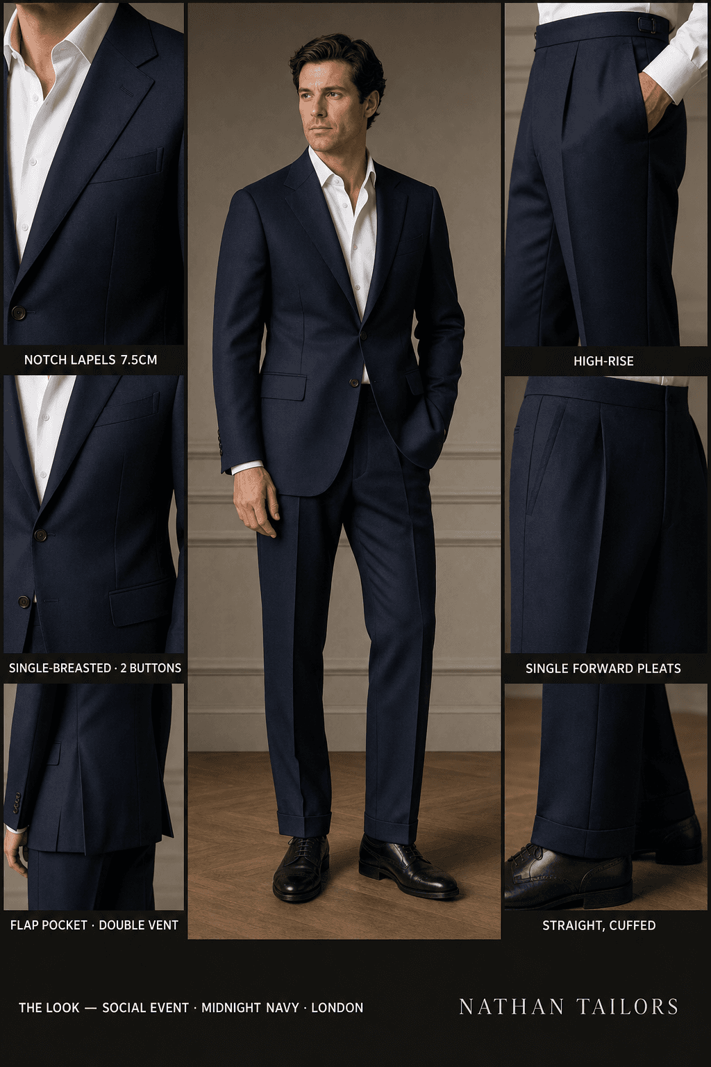 midnight navy single-breasted notch-lapel online custom suit — designed online at RemoteSuit. Made-to-measure online custom suit available from $129.