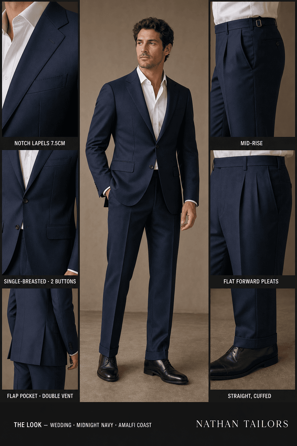 midnight navy single-breasted notch-lapel online custom suit — designed online at RemoteSuit. Made-to-measure online custom suit available from $109.