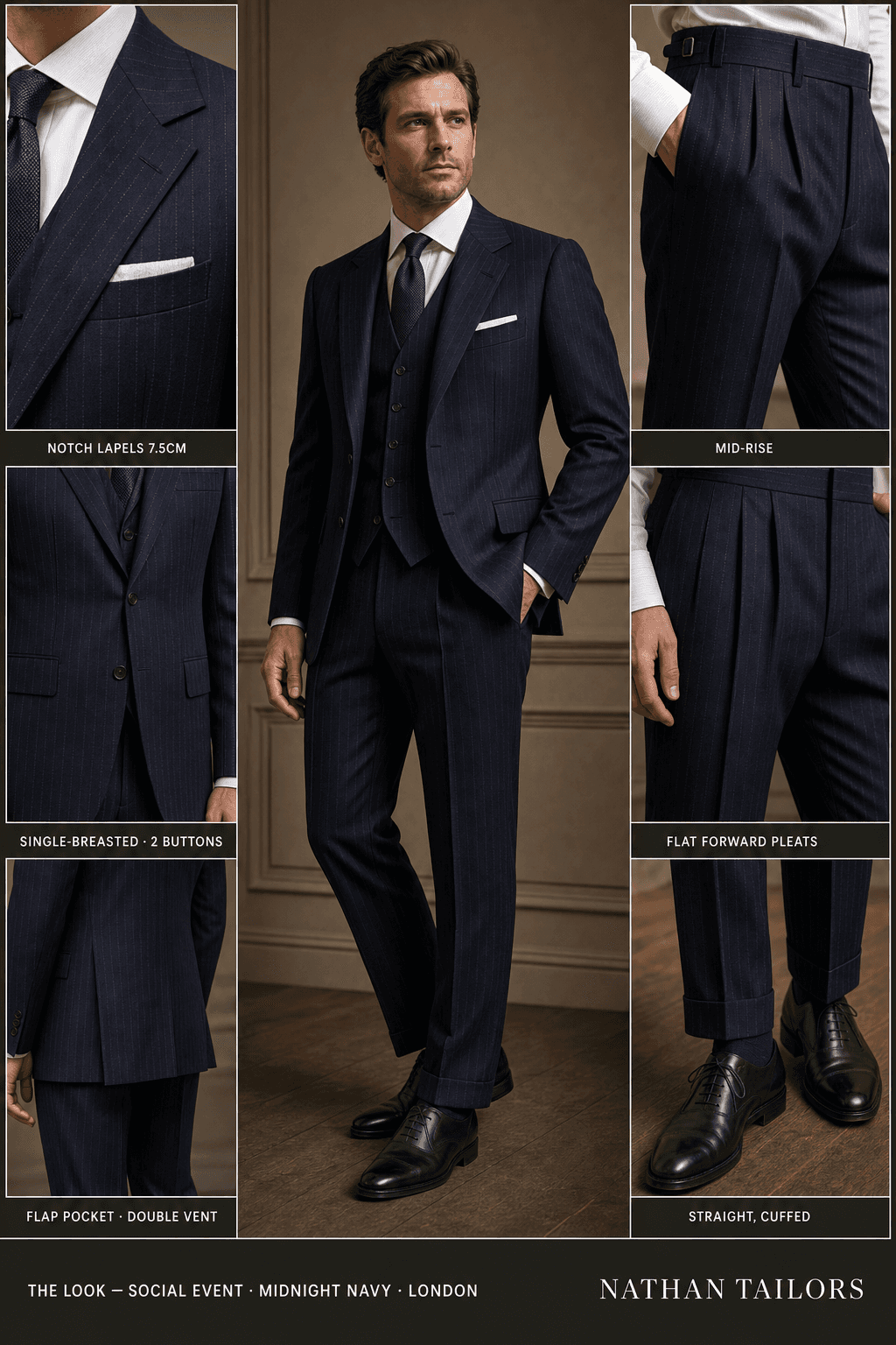 midnight navy single-breasted notch-lapel online custom suit — designed online at RemoteSuit. Made-to-measure online custom suit available from $129.