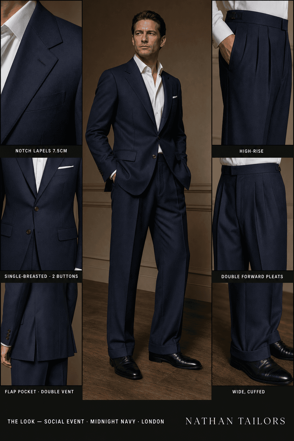 midnight navy single-breasted notch-lapel online custom suit — designed online at RemoteSuit. Made-to-measure online custom suit available from $129.