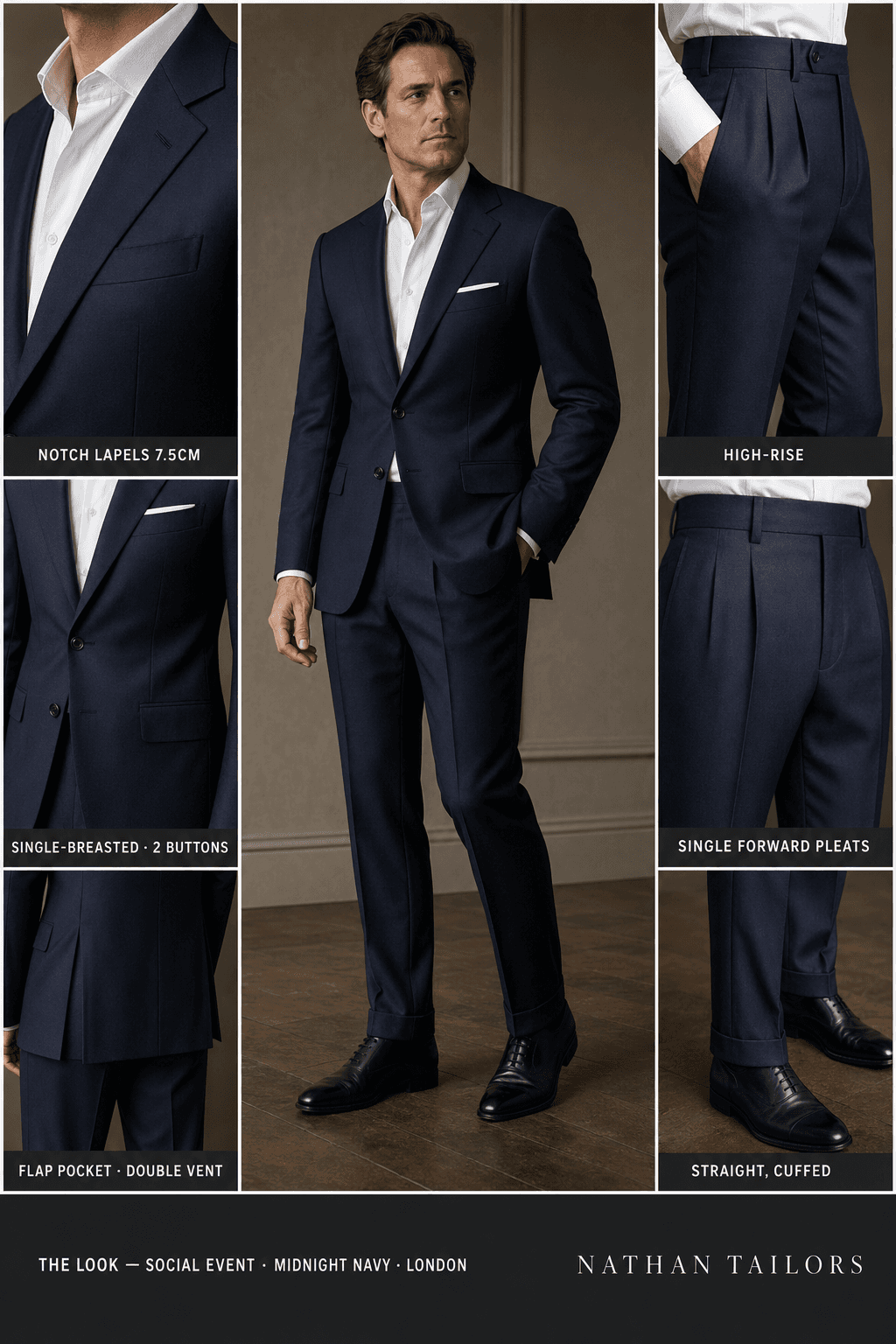 midnight navy single-breasted notch-lapel online custom suit — designed online at RemoteSuit. Made-to-measure online custom suit available from $109.