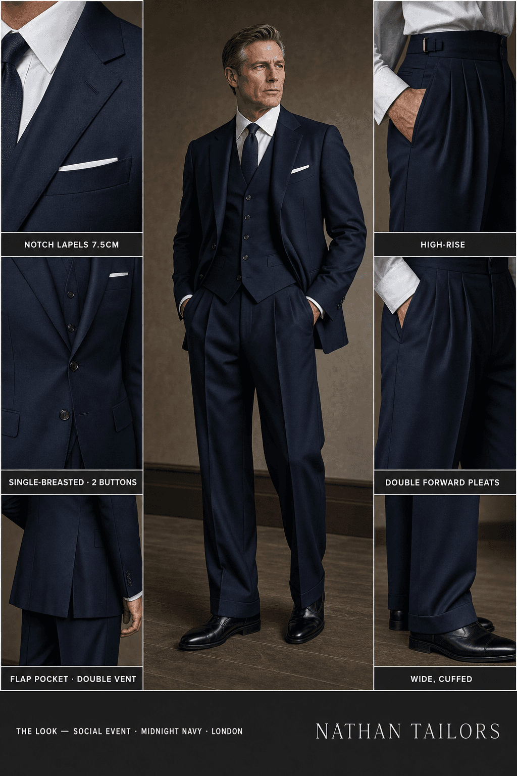 midnight navy single-breasted notch-lapel online custom suit — designed online at RemoteSuit. Made-to-measure online custom suit available from $129.
