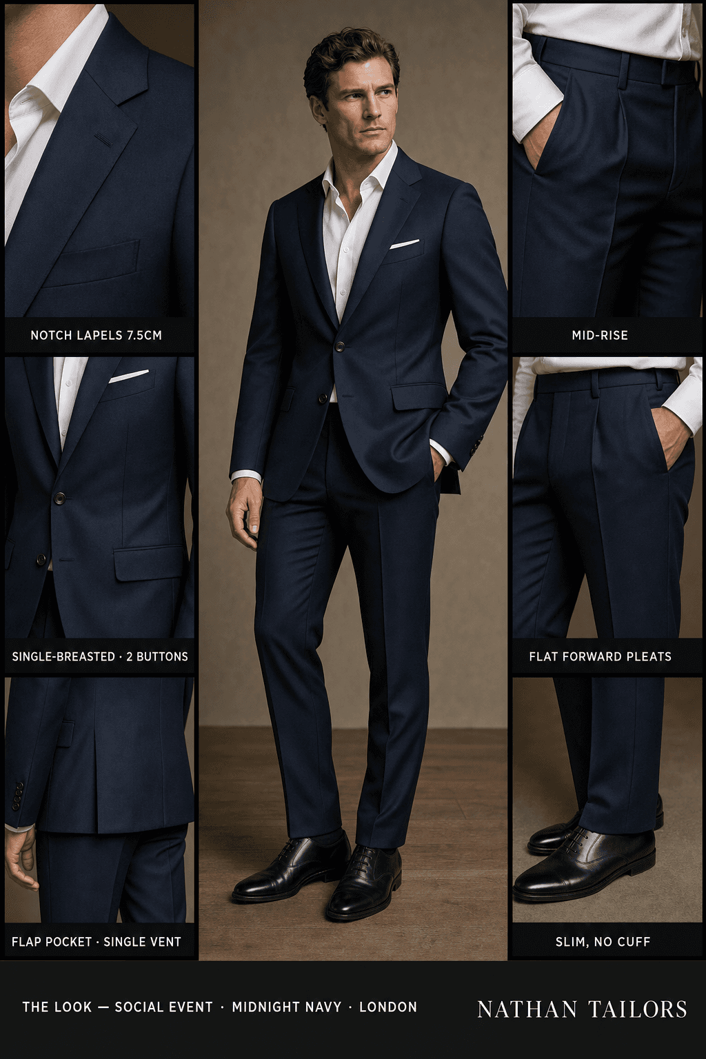midnight navy single-breasted notch-lapel online custom suit — designed online at RemoteSuit. Made-to-measure online custom suit available from $149.
