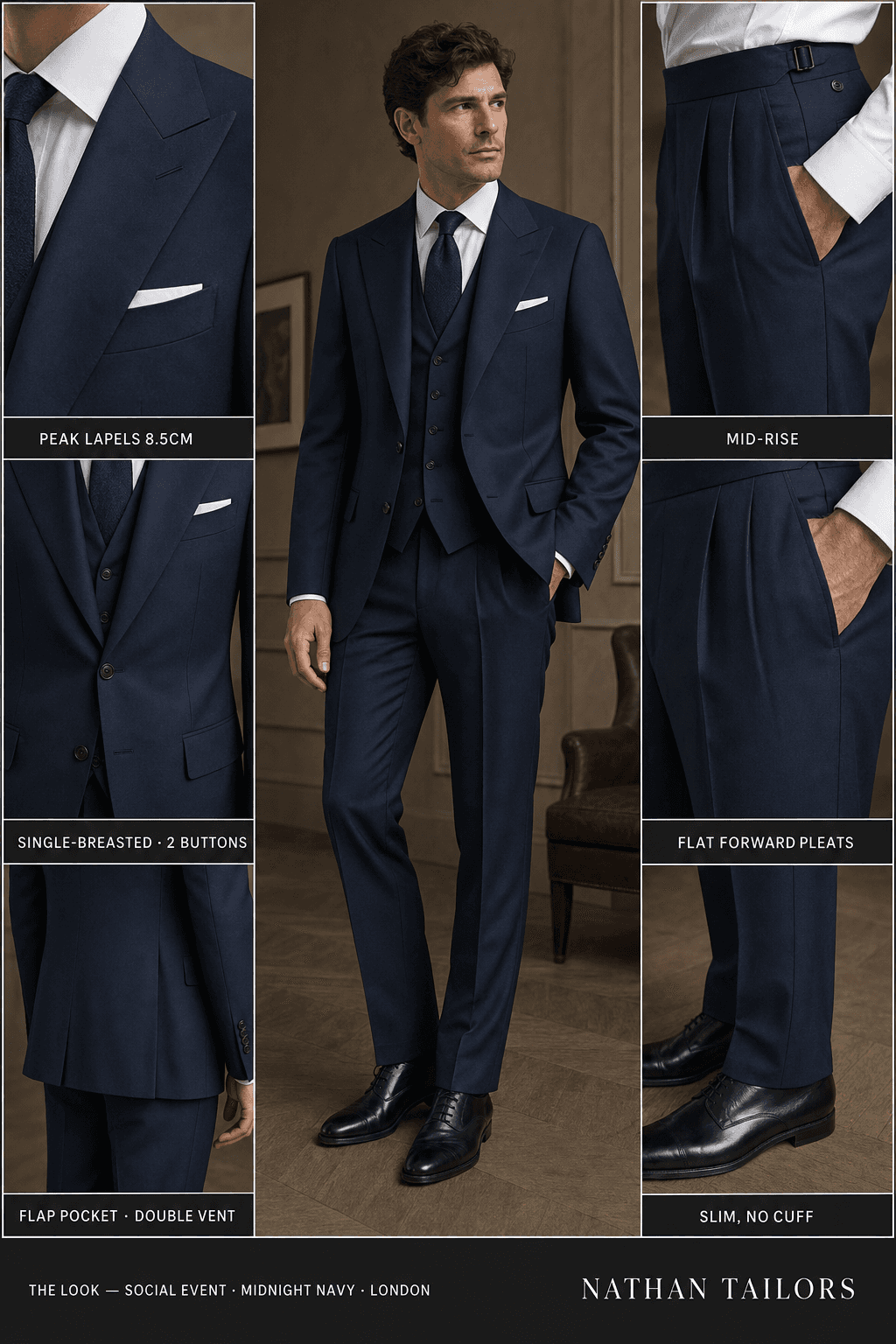 midnight navy single-breasted peak-lapel online custom suit — designed online at RemoteSuit. Made-to-measure online custom suit available from $129.