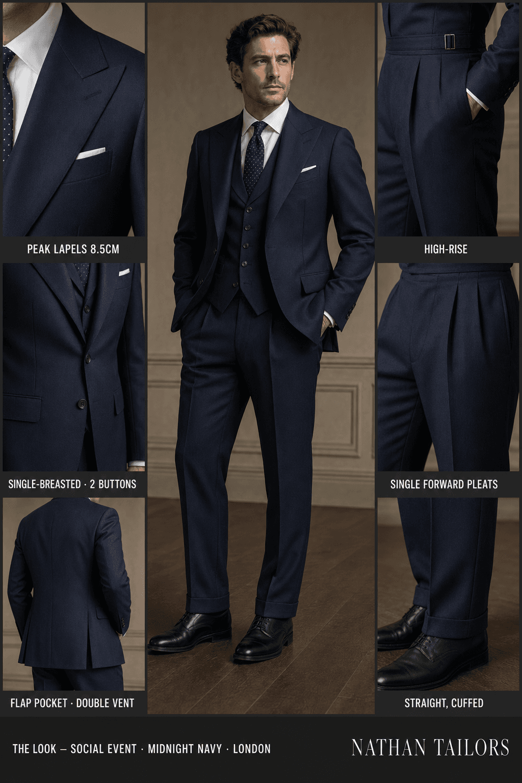 midnight navy single-breasted peak-lapel online custom suit — designed online at RemoteSuit. Made-to-measure online custom suit available from $109.