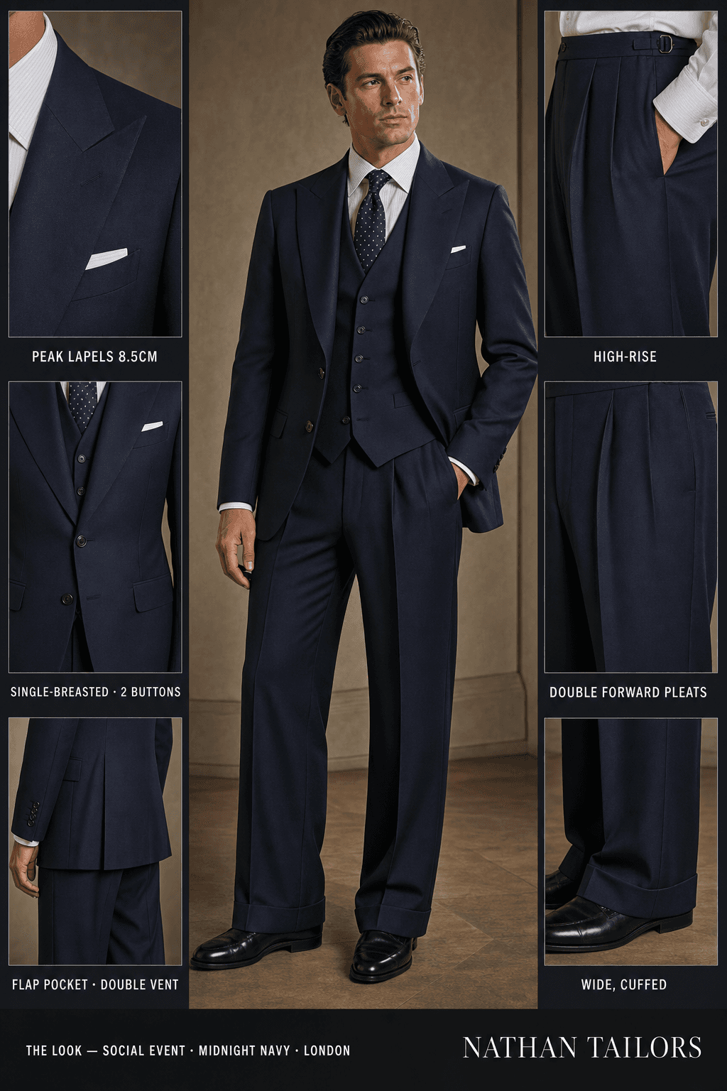 midnight navy single-breasted peak-lapel online custom suit — designed online at RemoteSuit. Made-to-measure online custom suit available from $129.