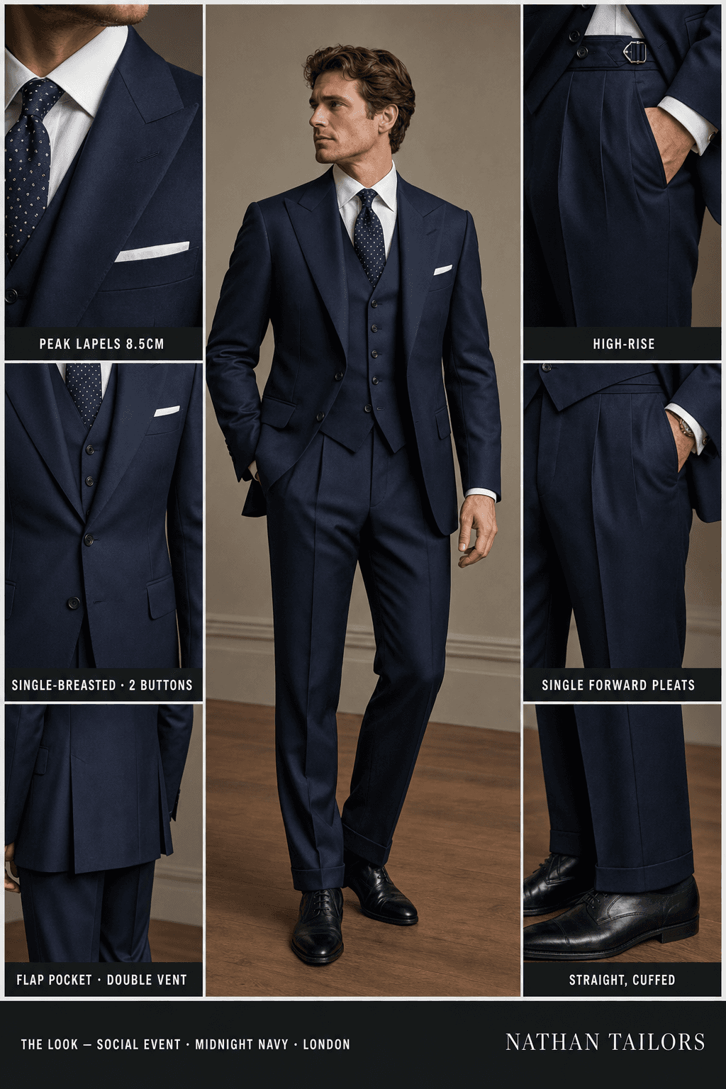 midnight navy single-breasted peak-lapel online custom suit — designed online at RemoteSuit. Made-to-measure online custom suit available from $129.