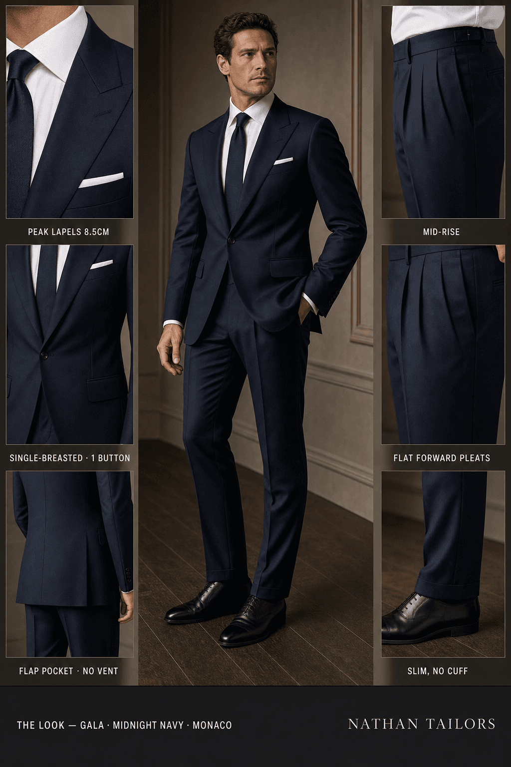 midnight navy single-breasted peak-lapel online custom suit — designed online at RemoteSuit. Made-to-measure online custom suit available from $149.