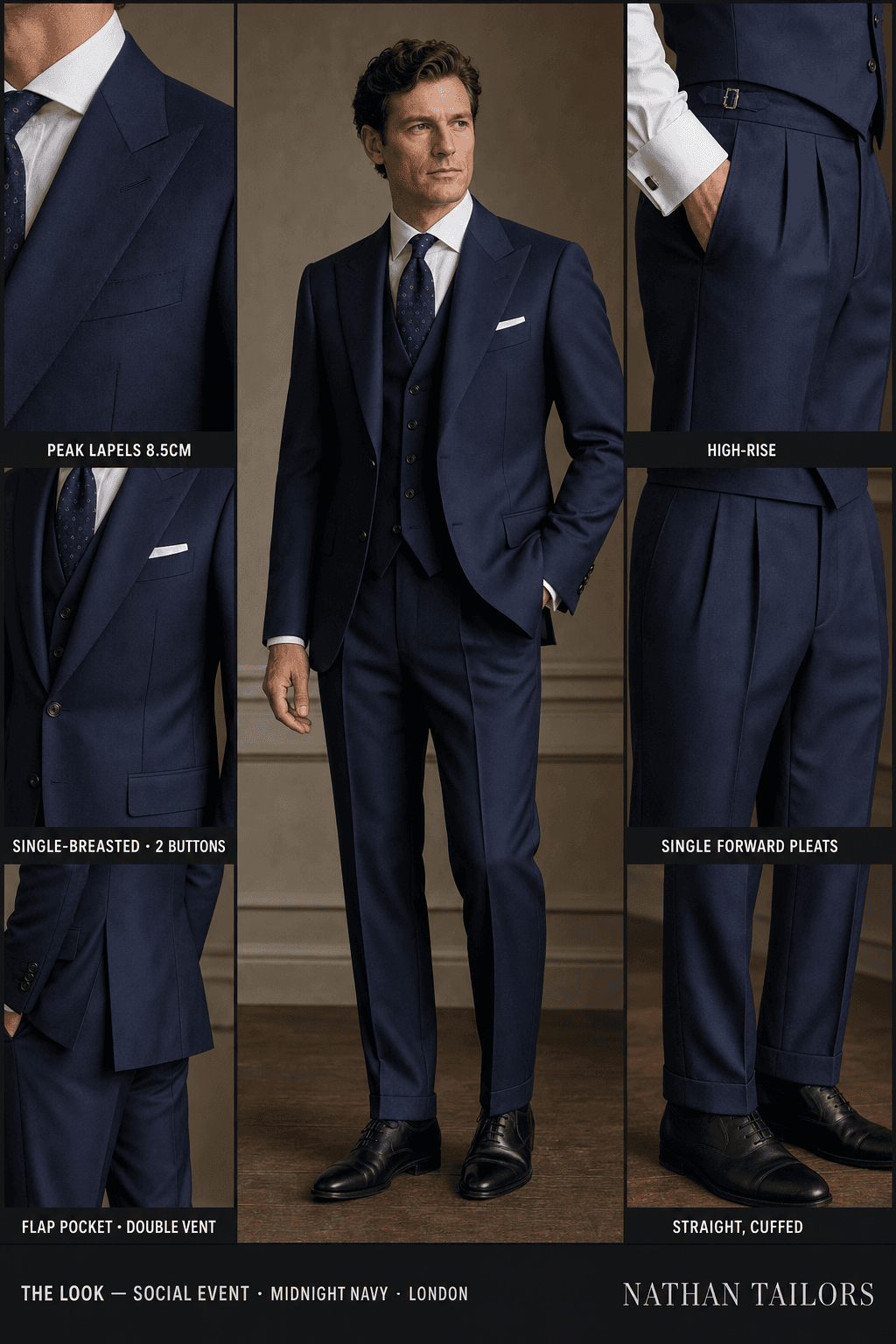 midnight navy single-breasted peak-lapel online custom suit — designed online at RemoteSuit. Made-to-measure online custom suit available from $129.