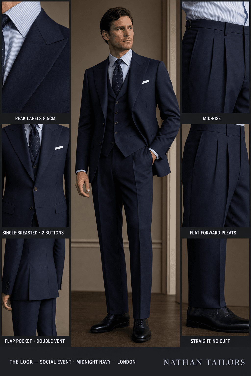 midnight navy single-breasted peak-lapel online custom suit — designed online at RemoteSuit. Made-to-measure online custom suit available from $129.