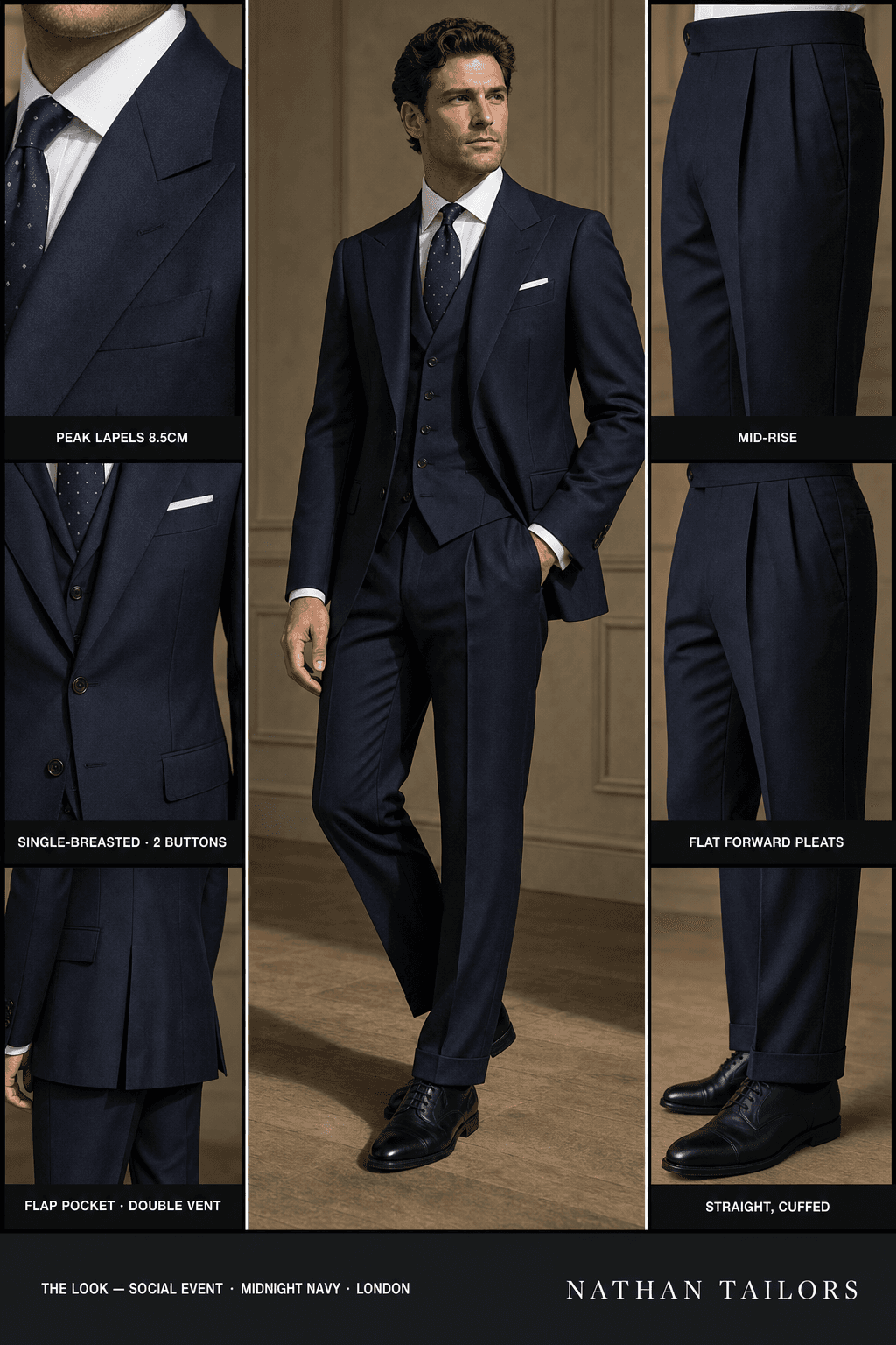 midnight navy single-breasted peak-lapel online custom suit — designed online at RemoteSuit. Made-to-measure online custom suit available from $129.