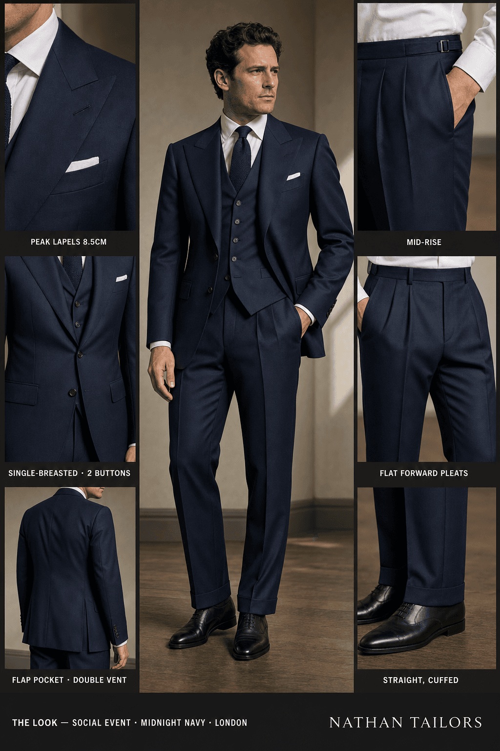 midnight navy single-breasted peak-lapel online custom suit — designed online at RemoteSuit. Made-to-measure online custom suit available from $129.