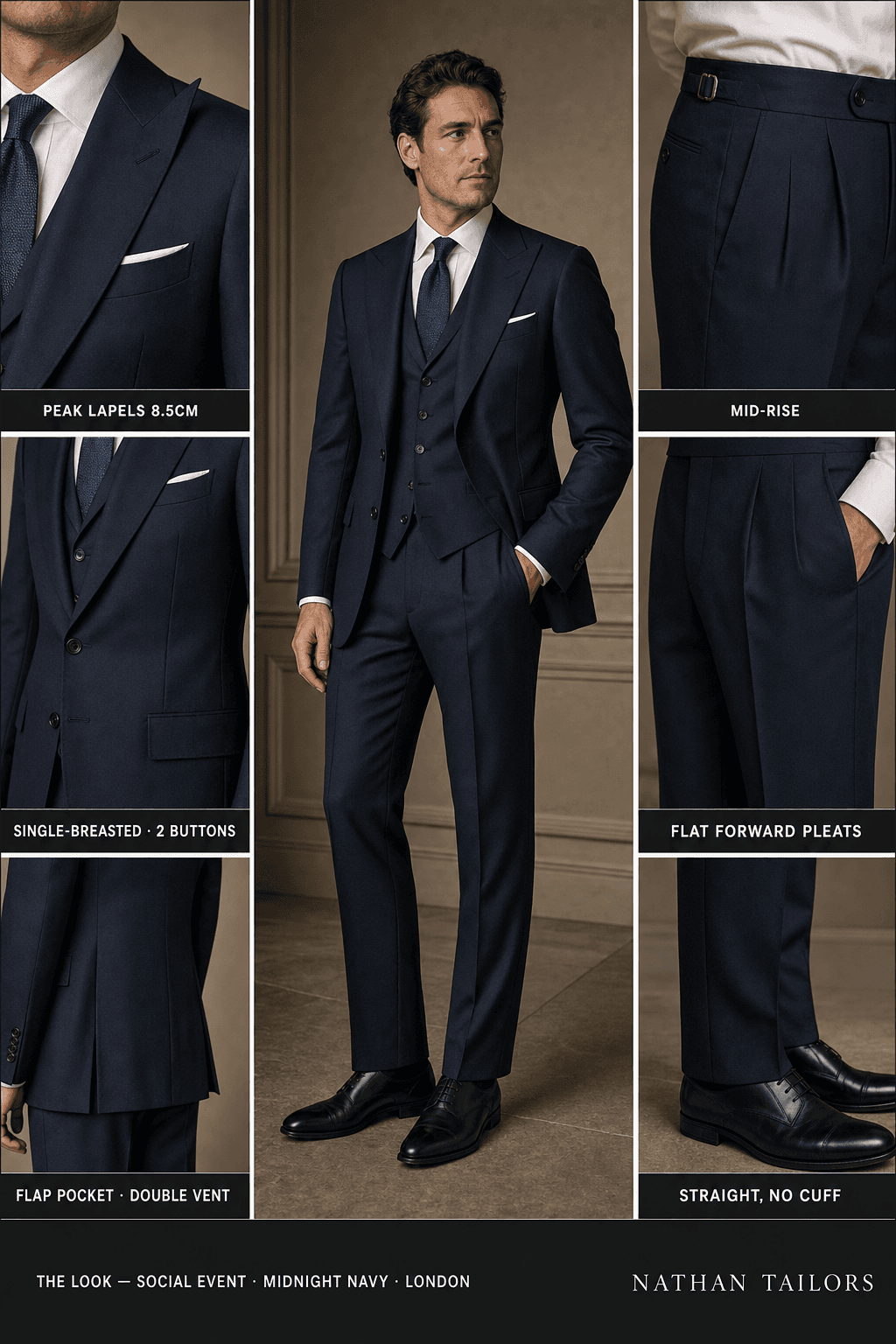 midnight navy single-breasted peak-lapel online custom suit — designed online at RemoteSuit. Made-to-measure online custom suit available from $129.