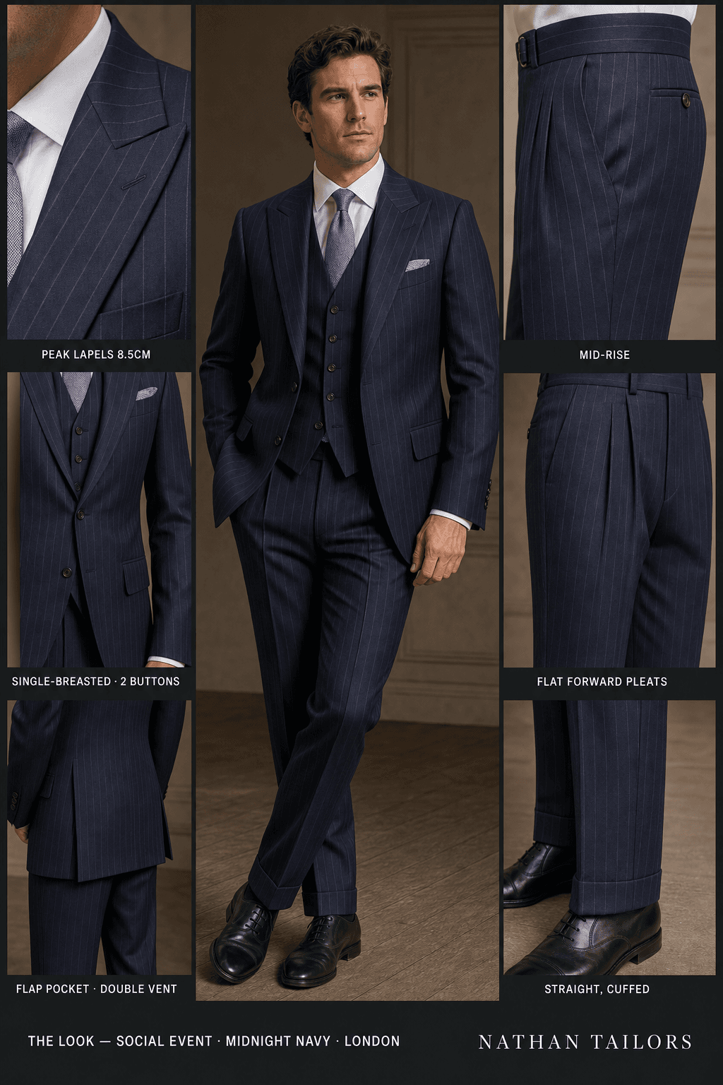 midnight navy single-breasted peak-lapel online custom suit — designed online at RemoteSuit. Made-to-measure online custom suit available from $129.