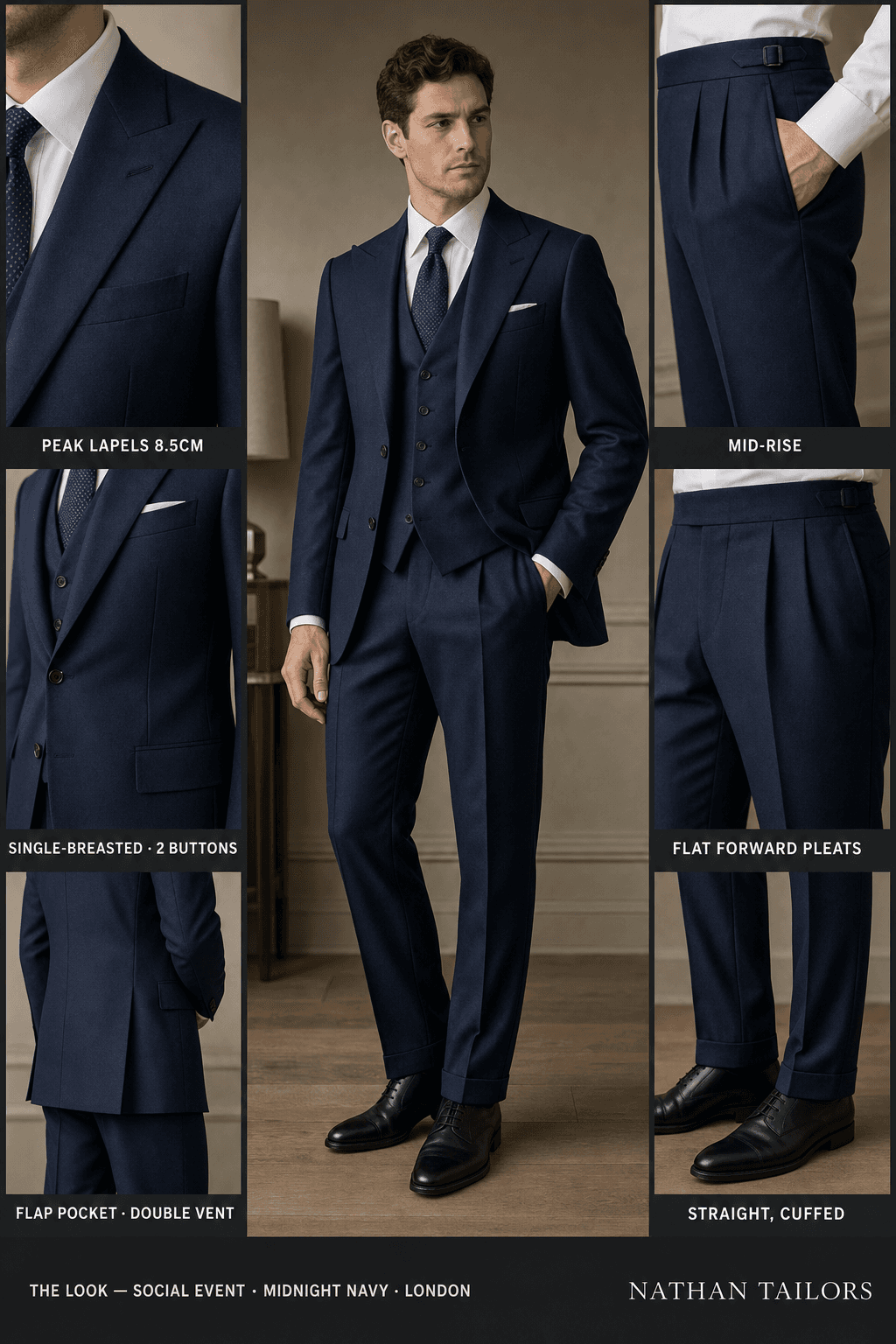 midnight navy single-breasted peak-lapel online custom suit — designed online at RemoteSuit. Made-to-measure online custom suit available from $129.