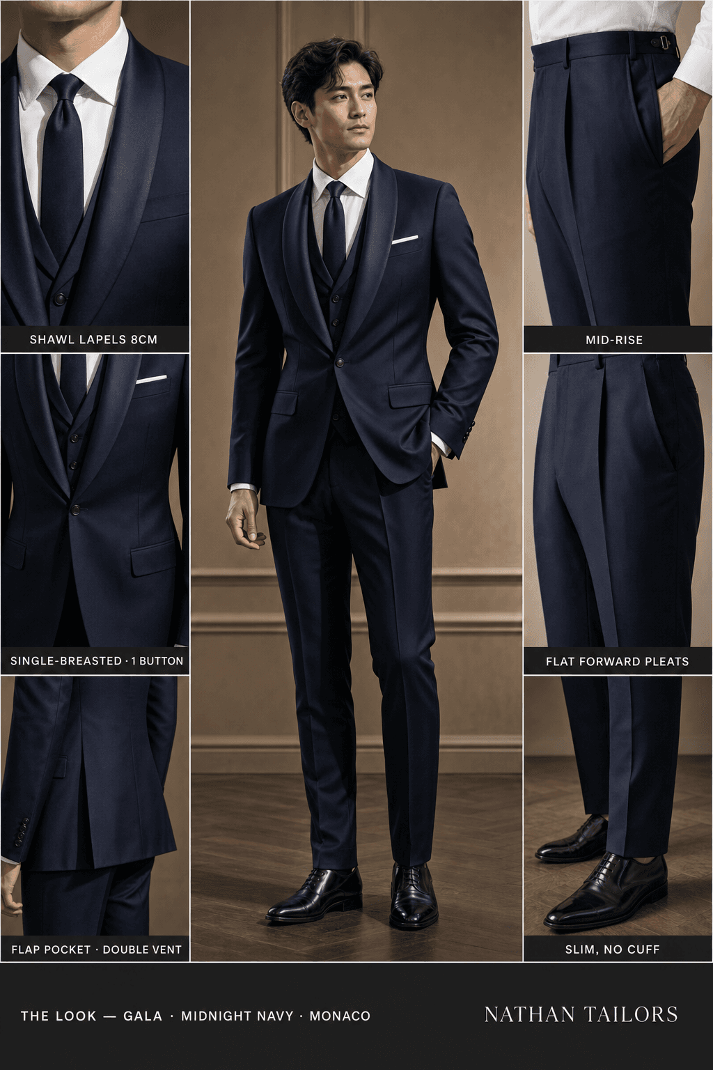 midnight navy single-breasted shawl-lapel online custom suit — designed online at RemoteSuit. Made-to-measure online custom suit available from $129.