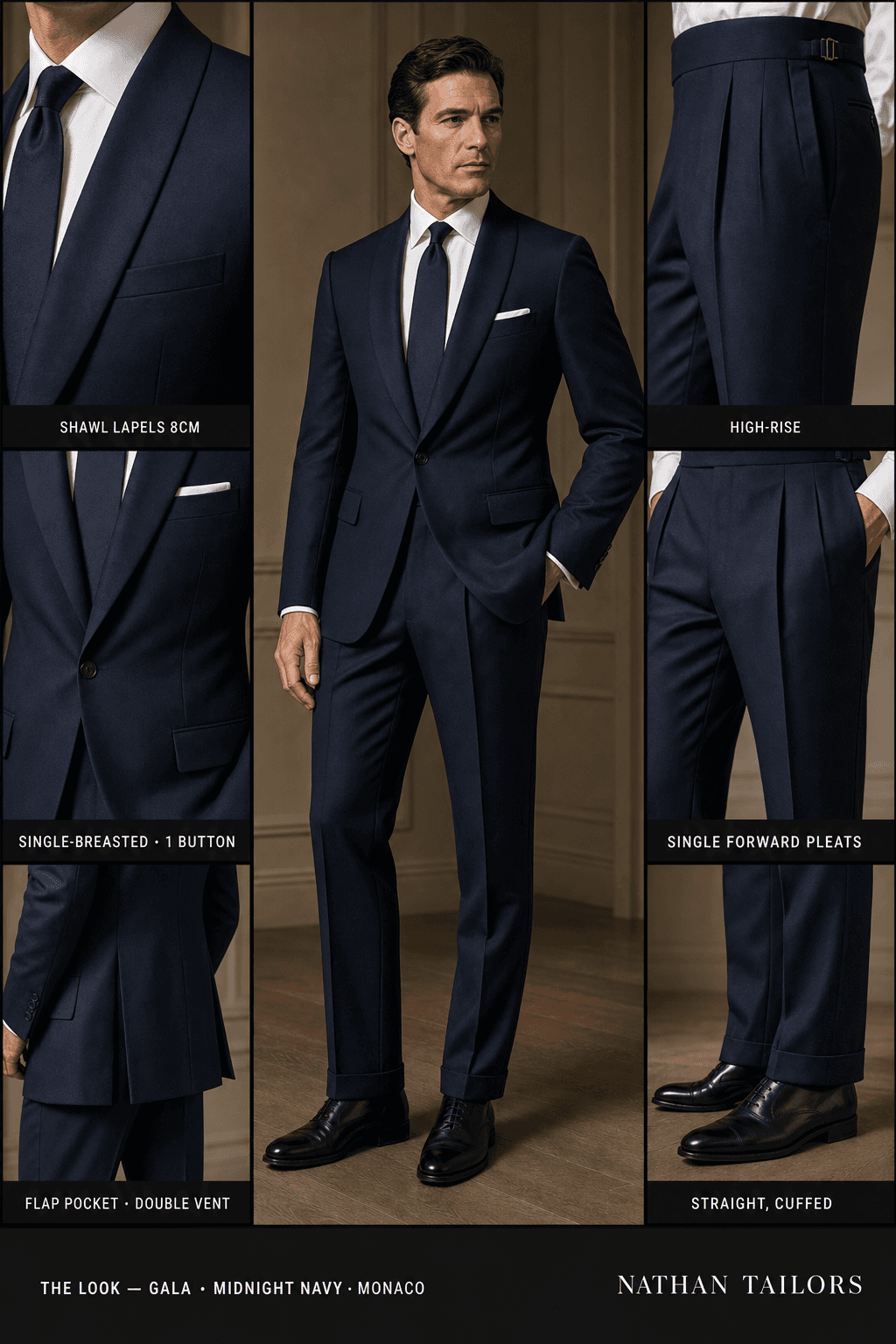 midnight navy single-breasted shawl-lapel online custom suit — designed online at RemoteSuit. Made-to-measure online custom suit available from $129.
