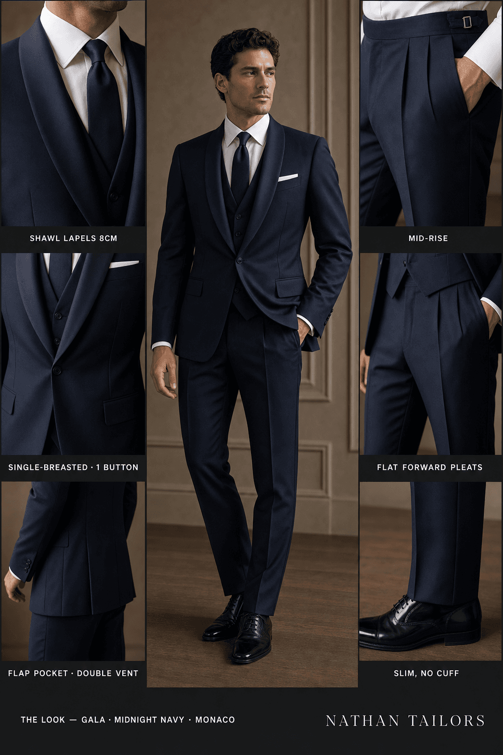 midnight navy single-breasted shawl-lapel online custom suit — designed online at RemoteSuit. Made-to-measure online custom suit available from $129.