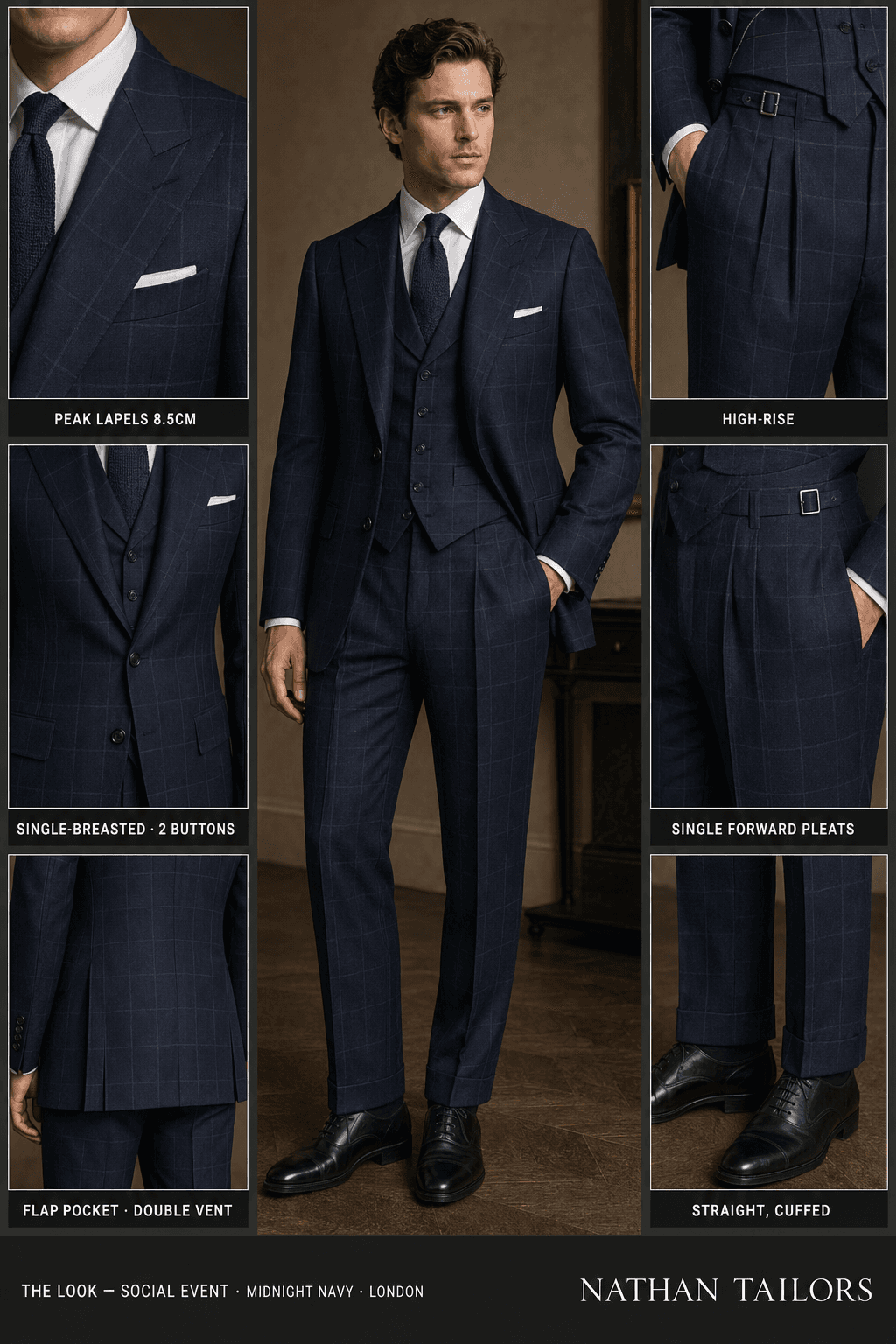 midnight navy windowpane single-breasted peak-lapel online custom suit — designed online at RemoteSuit. Made-to-measure online custom suit available from $129.