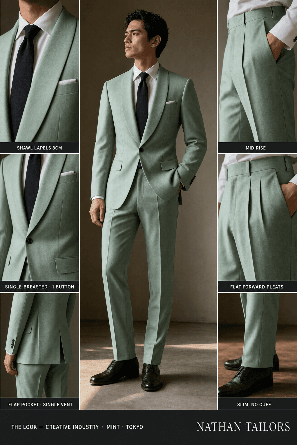 mint single-breasted shawl-lapel online custom suit — designed online at RemoteSuit. Made-to-measure online custom suit available from $129.