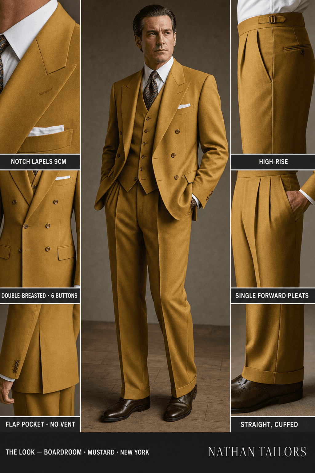mustard double-breasted notch-lapel online custom suit — designed online at RemoteSuit. Made-to-measure online custom suit available from $129.