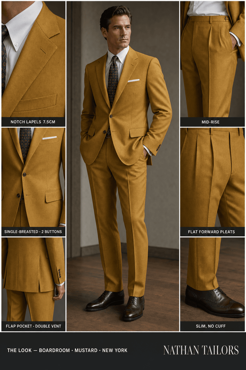 mustard single-breasted notch-lapel online custom suit — designed online at RemoteSuit. Made-to-measure online custom suit available from $129.
