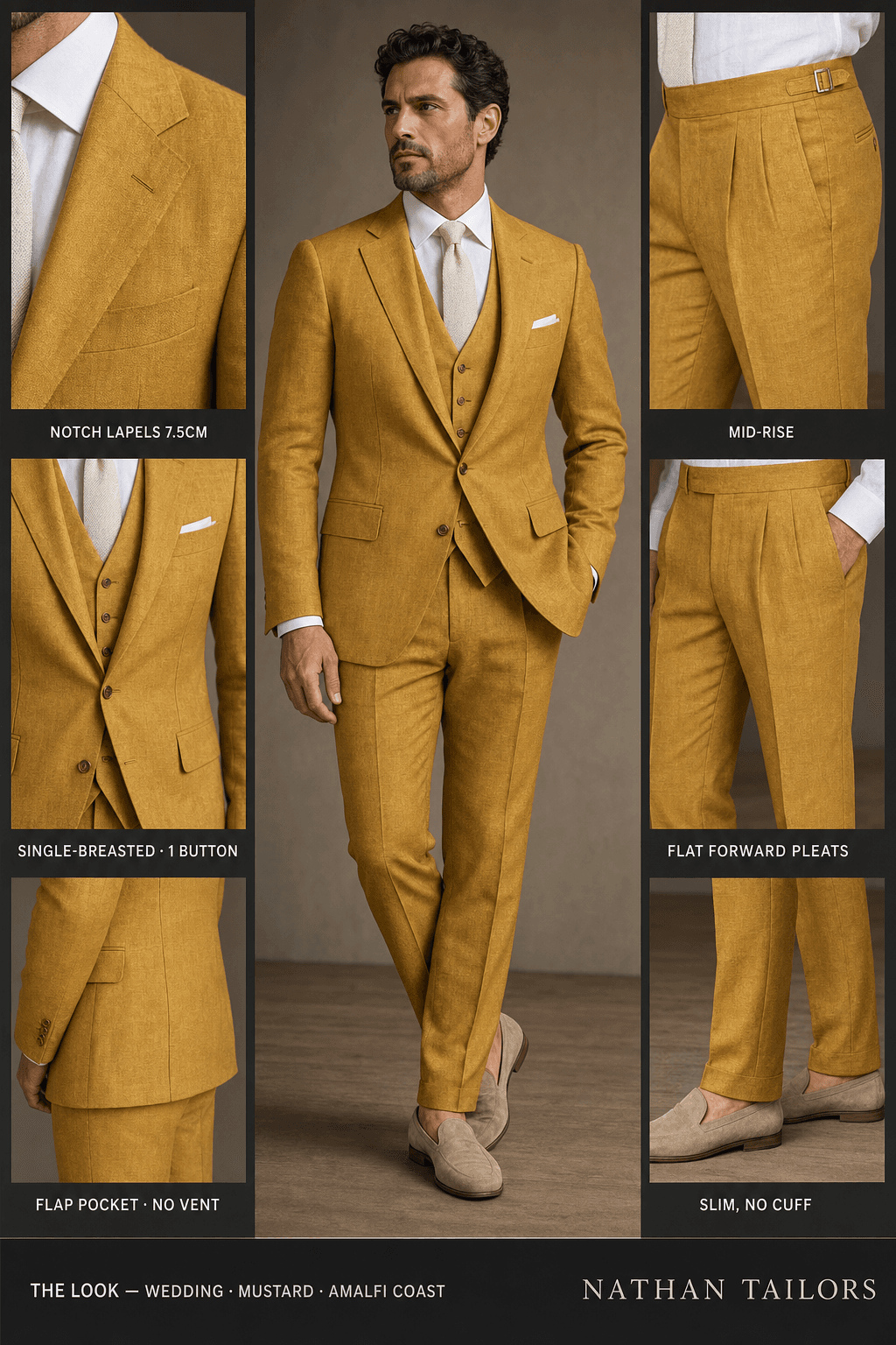 mustard single-breasted notch-lapel online custom suit — designed online at RemoteSuit. Made-to-measure online custom suit available from $129.