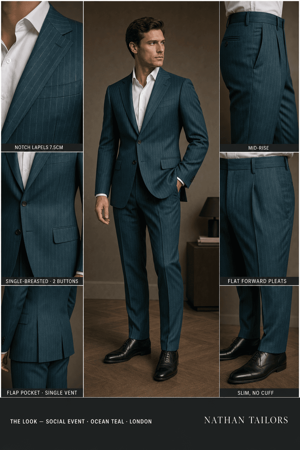 ocean teal pinstripe single-breasted notch-lapel online custom suit — designed online at RemoteSuit. Made-to-measure online custom suit available from $149.
