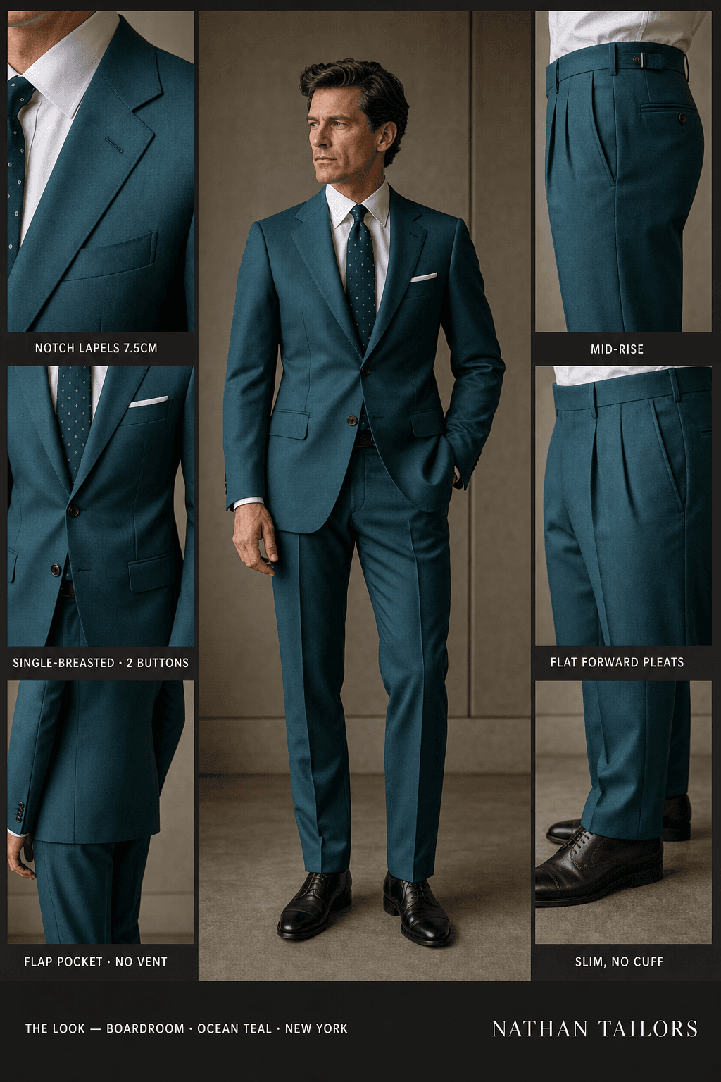 ocean teal single-breasted notch-lapel online custom suit — designed online at RemoteSuit. Made-to-measure online custom suit available from $129.