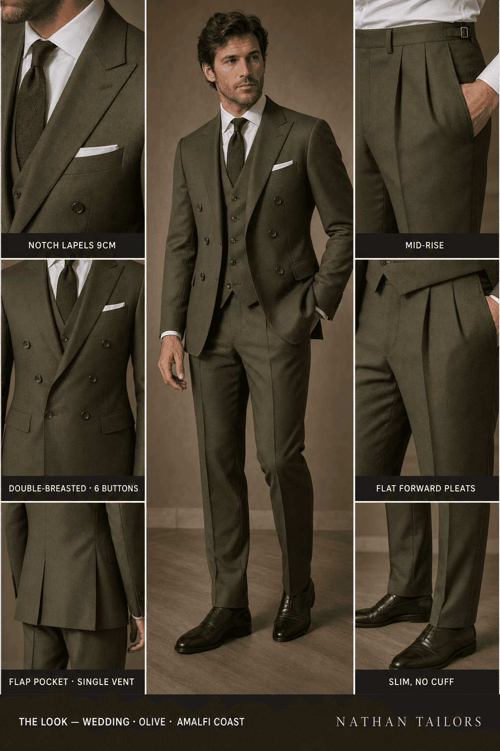 olive double-breasted online custom suit — designed at RemoteSuit, made to measure online