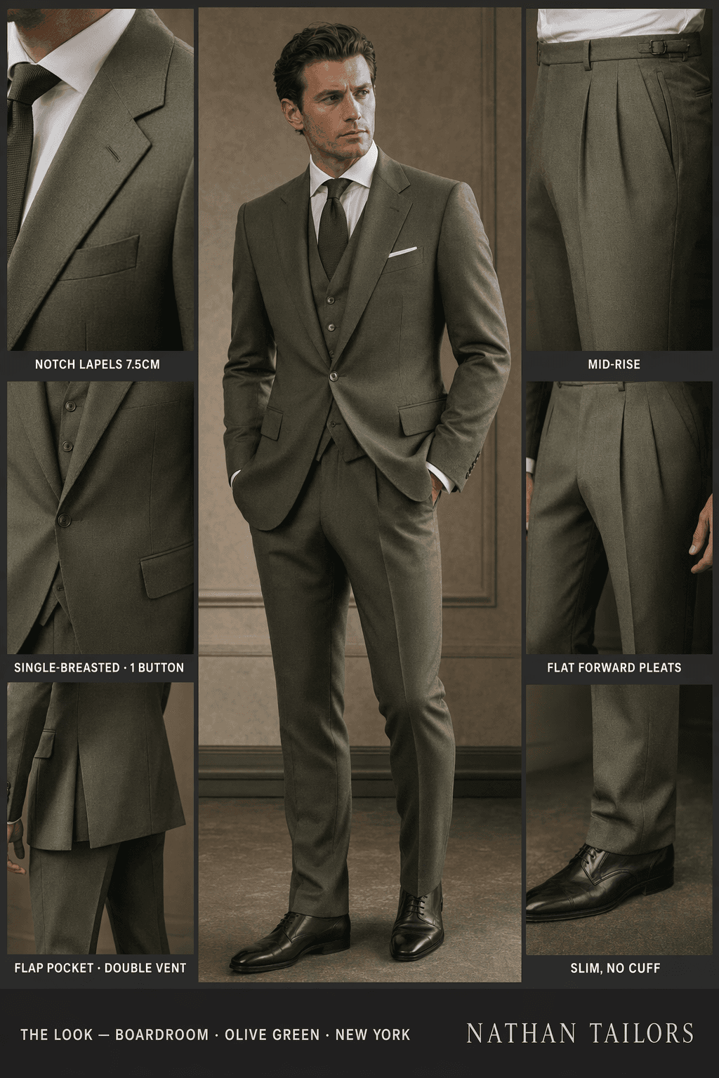 olive green single-breasted online custom suit — designed at RemoteSuit, made to measure online