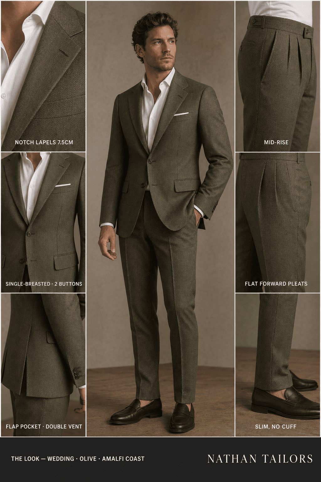 olive herringbone single-breasted notch-lapel online custom suit — designed online at RemoteSuit. Made-to-measure online custom suit available from $109.