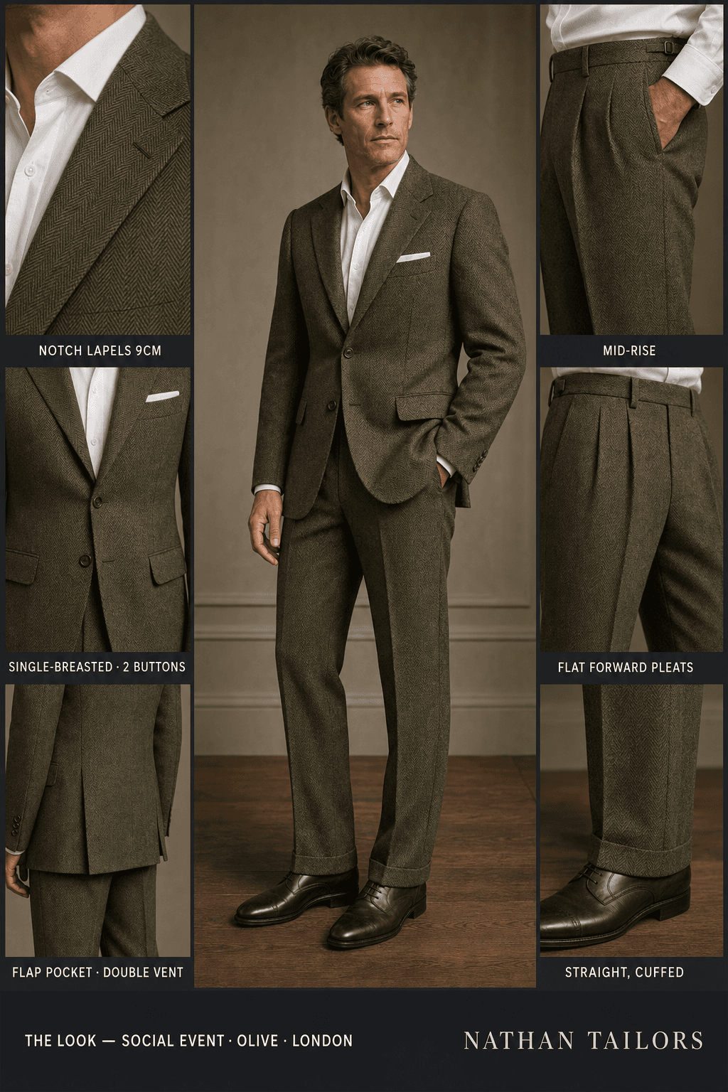 olive herringbone single-breasted notch-lapel online custom suit — designed online at RemoteSuit. Made-to-measure online custom suit available from $149.