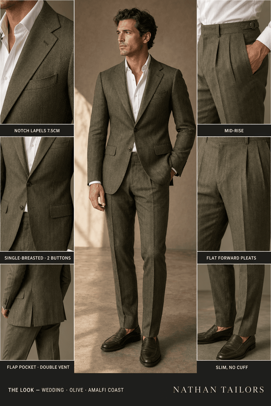 olive single-breasted online custom suit — designed at RemoteSuit, made to measure online