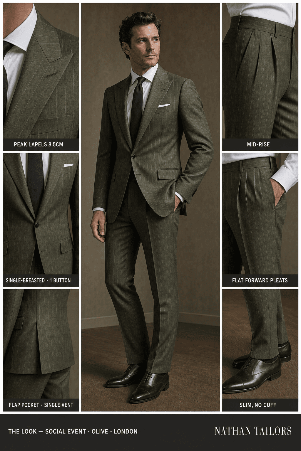 olive pinstripe single-breasted peak-lapel online custom suit — designed online at RemoteSuit. Made-to-measure online custom suit available from $149.