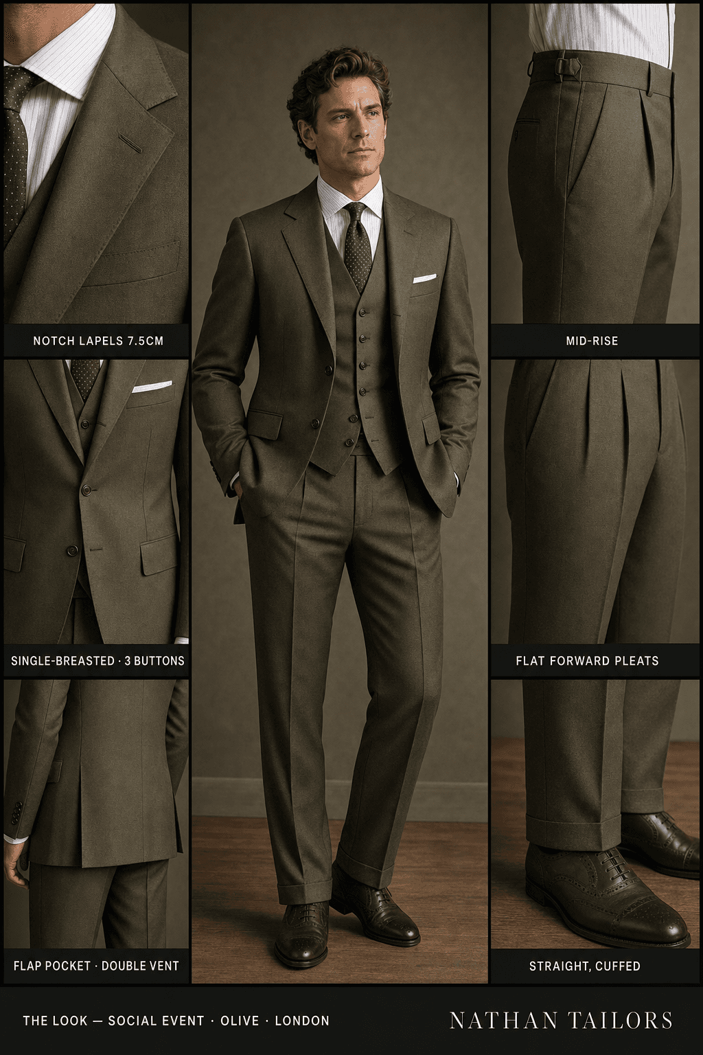 olive single-breasted notch-lapel online custom suit — designed online at RemoteSuit. Made-to-measure online custom suit available from $129.