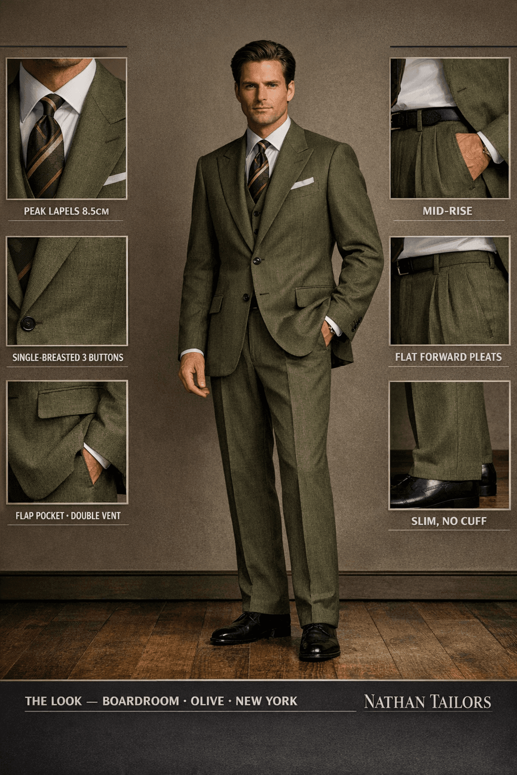 olive single-breasted online custom suit — designed at RemoteSuit, made to measure online