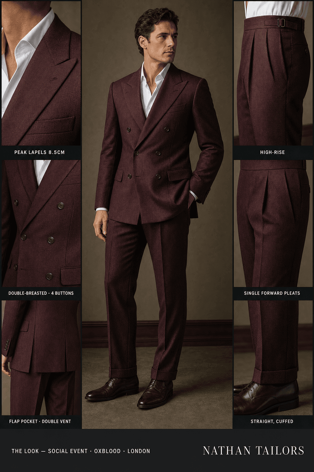 oxblood herringbone double-breasted peak-lapel online custom suit — designed online at RemoteSuit. Made-to-measure online custom suit available from $149.