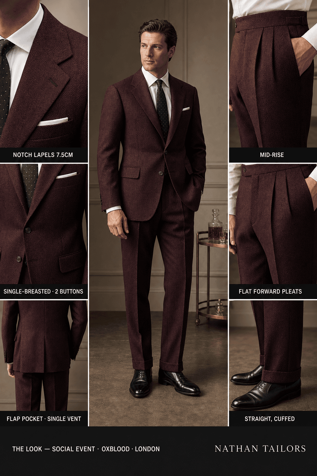 oxblood herringbone single-breasted notch-lapel online custom suit — designed online at RemoteSuit. Made-to-measure online custom suit available from $129.