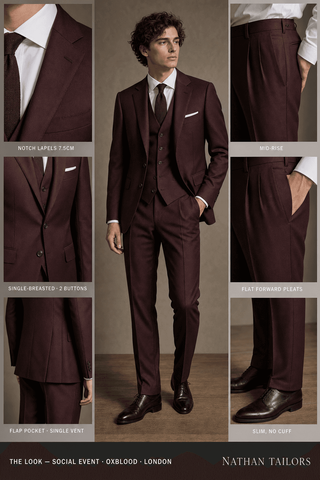 oxblood single-breasted notch-lapel online custom suit — designed online at RemoteSuit. Made-to-measure online custom suit available from $129.