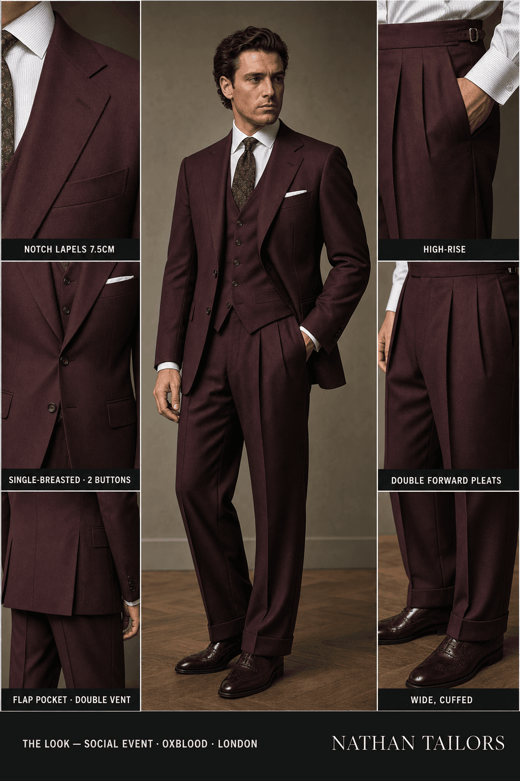 oxblood single-breasted notch-lapel online custom suit — designed online at RemoteSuit. Made-to-measure online custom suit available from $149.