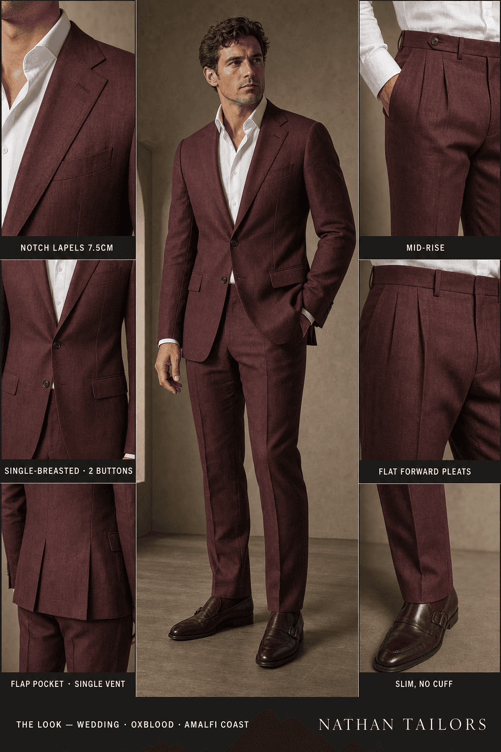 oxblood single-breasted notch-lapel online custom suit — designed online at RemoteSuit. Made-to-measure online custom suit available from $129.
