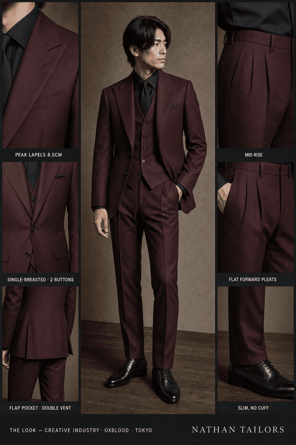 oxblood single-breasted peak-lapel online custom suit — designed online at RemoteSuit. Made-to-measure online custom suit available from $129.