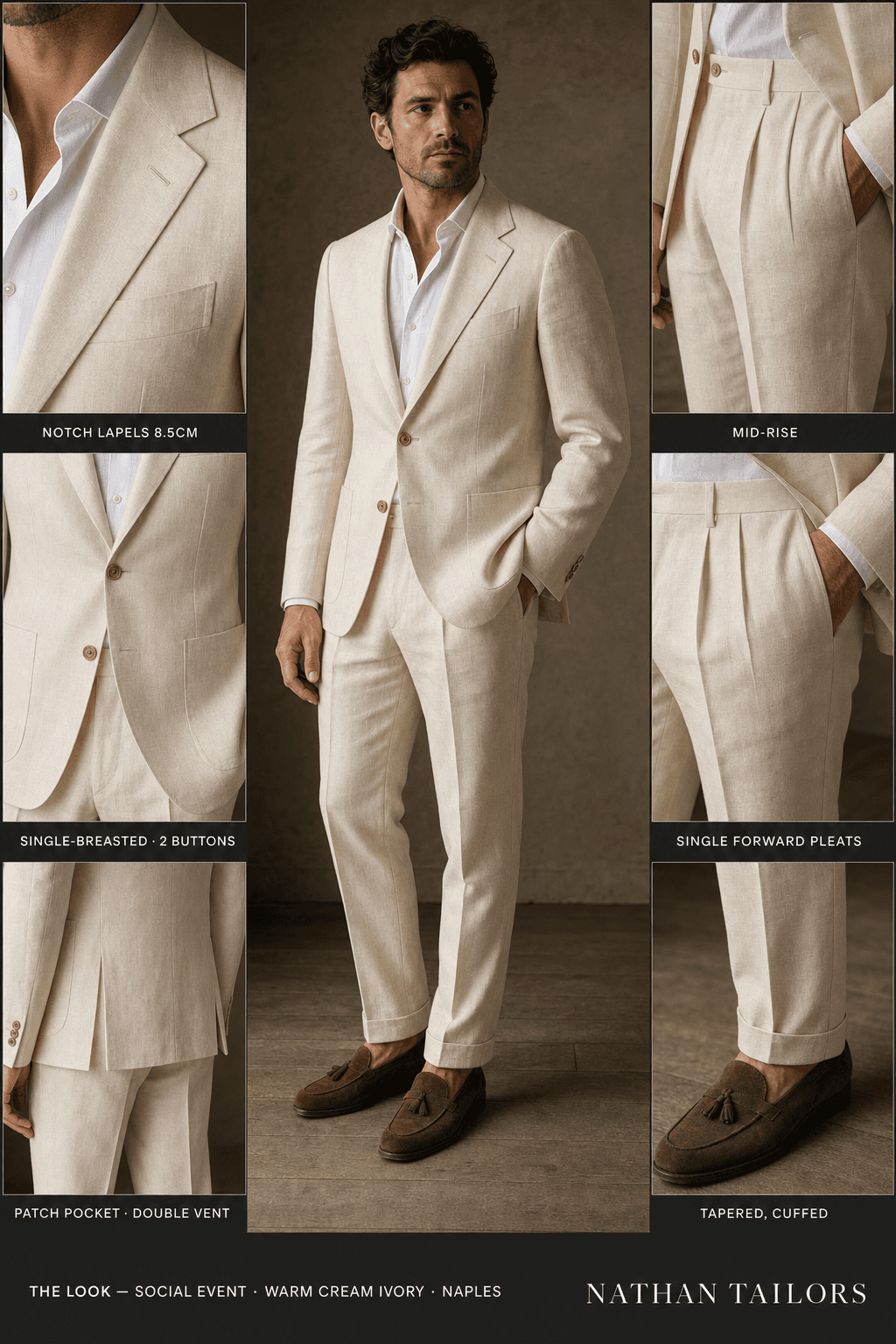 warm cream ivory single-breasted notch-lapel online custom suit — designed online at RemoteSuit. Made-to-measure online custom suit available from $149.